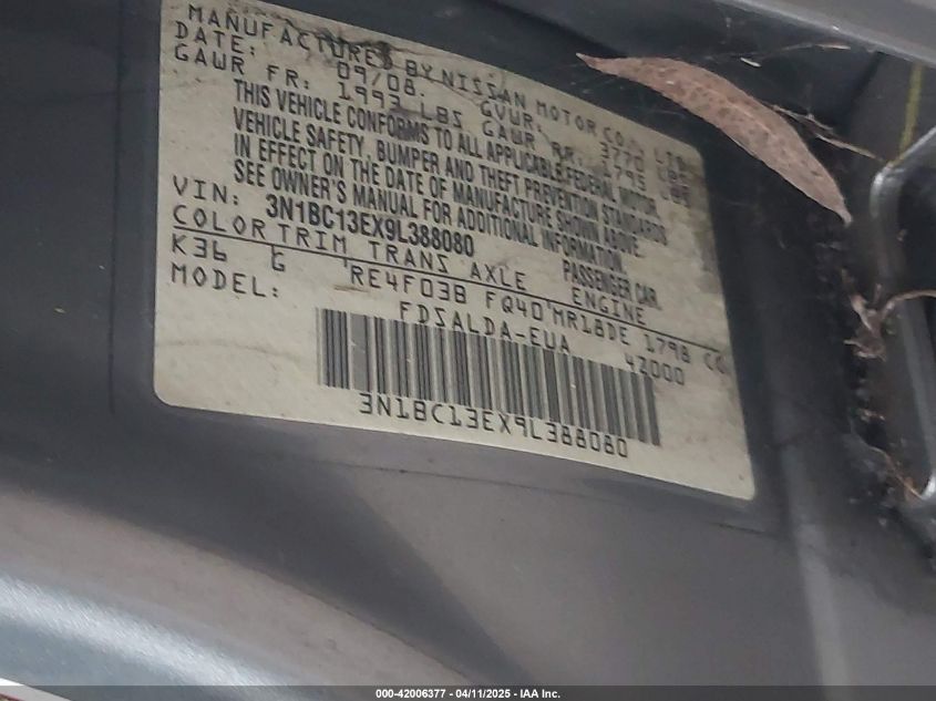 2009 Nissan Versa 1.8S VIN: 3N1BC13EX9L388080 Lot: 42006377