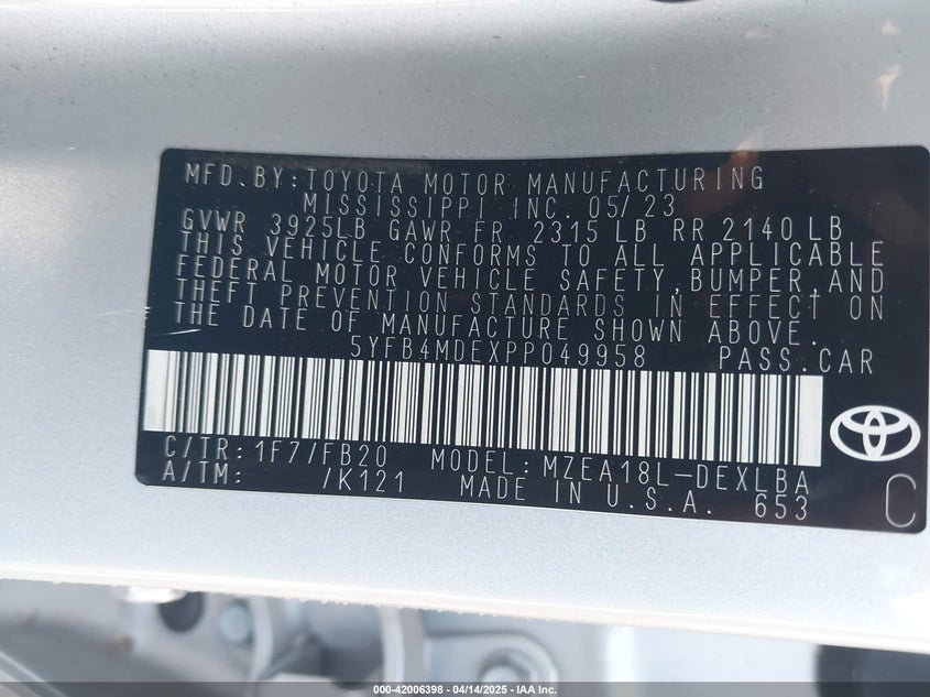 2023 TOYOTA COROLLA VIN: 5YFB4MDEXPP049958