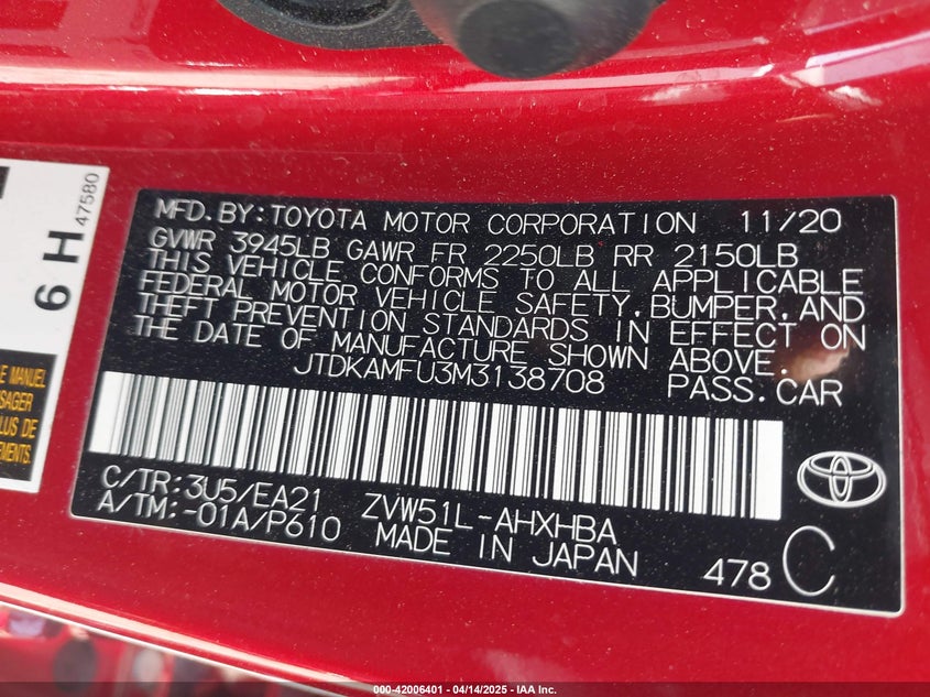 2021 TOYOTA PRIUS VIN: JTDKAMFU3M3138708