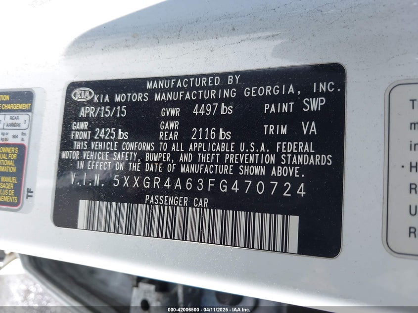 2015 KIA OPTIMA VIN: 5XXGR4A63FG470724