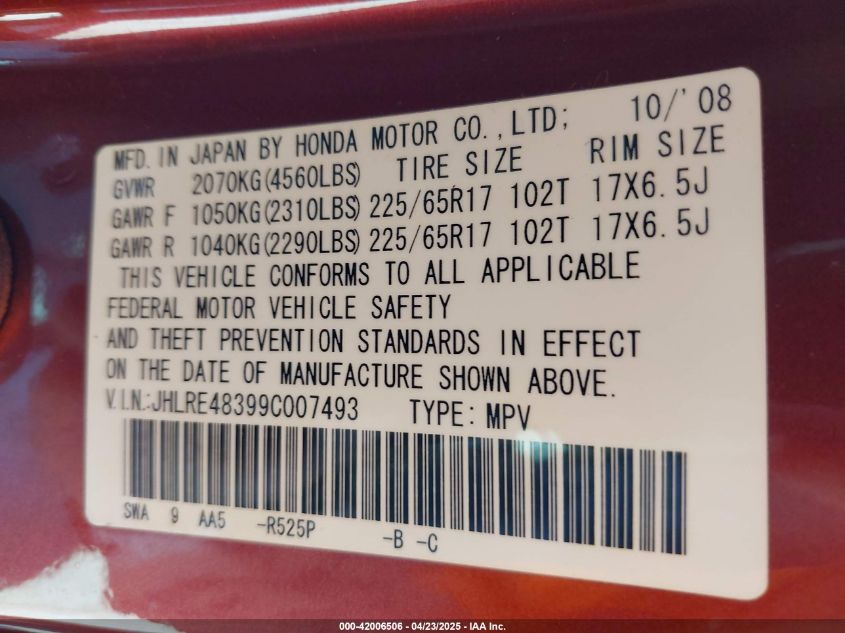 2009 Honda Cr-V Lx VIN: JHLRE48399C007493 Lot: 42006506