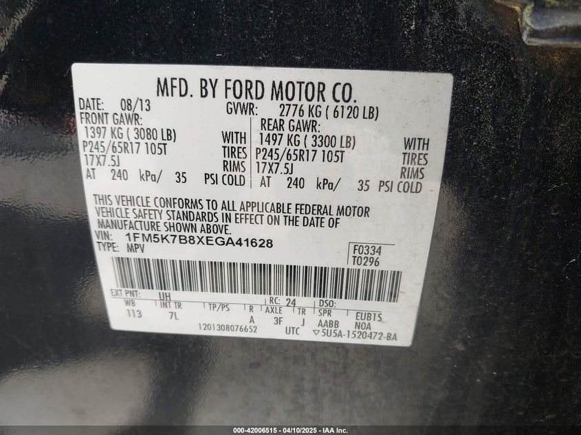 2014 FORD EXPLORER VIN: 1FM5K7B8XEGA41628