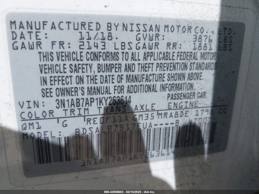 2019 NISSAN SENTRA VIN: 3N1AB7AP1KY263614