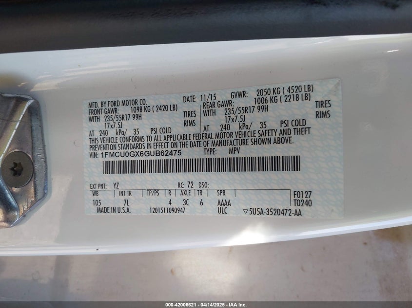 2016 FORD ESCAPE VIN: 1FMCU0GX6GUB62475