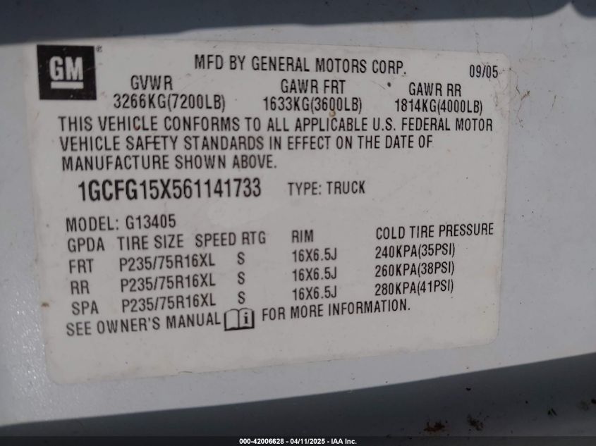 2006 Chevrolet Express Work Van VIN: 1GCFG15X561141733 Lot: 42006628