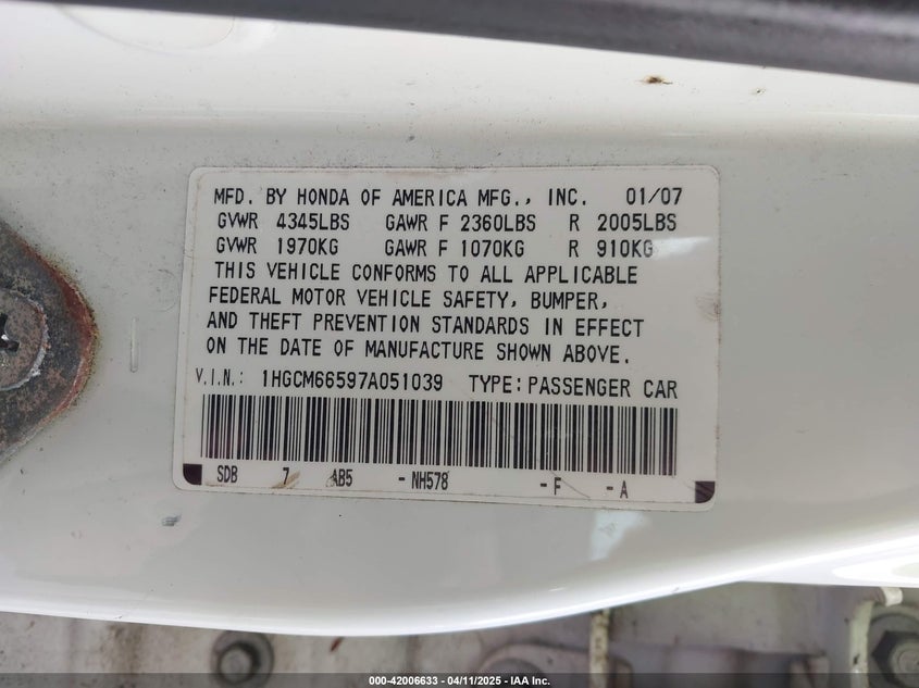 2007 HONDA ACCORD VIN: 1HGCM66597A051039
