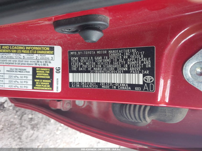 VIN 2T1BURHE5HC844361 2017 TOYOTA COROLLA LE