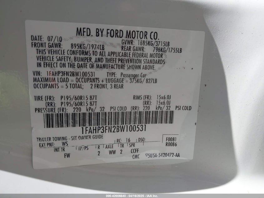 2011 FORD FOCUS VIN: 1FAHP3FN2BW100531