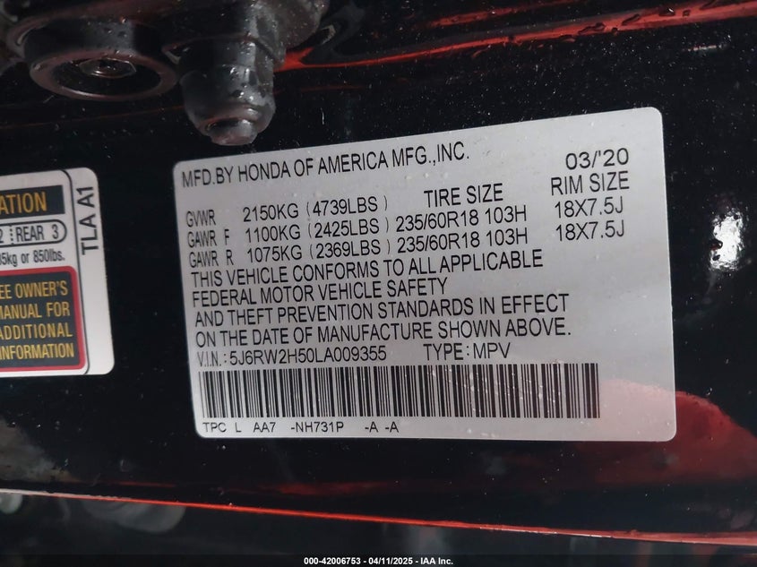 2020 HONDA CR-V AWD EX - 5J6RW2H50LA009355