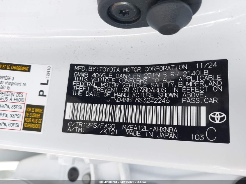 2025 Toyota Corolla Se VIN: JTND4MBE8S3242246 Lot: 42006784