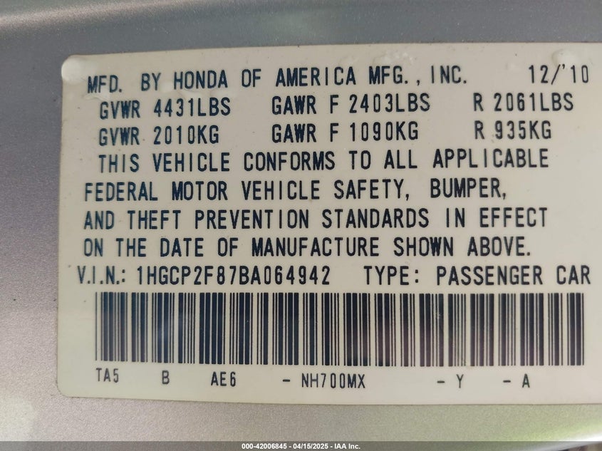 2011 HONDA ACCORD VIN: 1HGCP2F87BA064942
