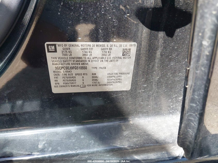 2015 CHEVROLET SILVERADO 1500 1LZ - 3GCPCSEJ9FG510550