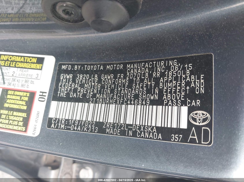 2015 TOYOTA COROLLA S PLUS - 2T1BURHEXFC446849