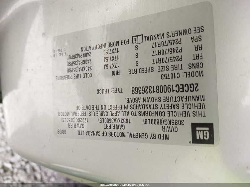 2008 Chevrolet Silverado 1500 Lt1 VIN: 2GCEC190081326368 Lot: 42007026