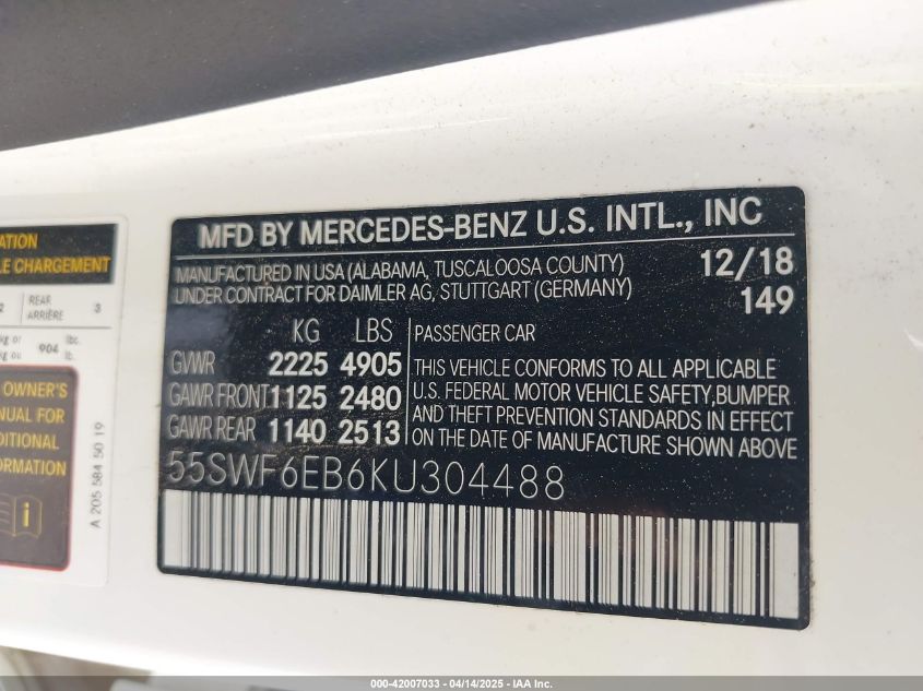 2019 Mercedes-Benz C-Class - 55SWF6EB6KU304488