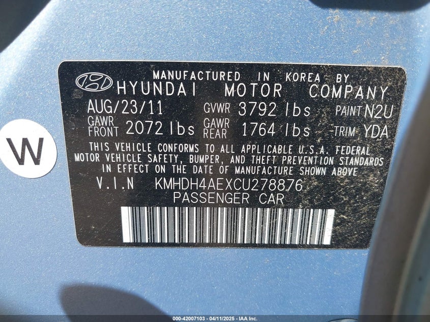 2012 HYUNDAI ELANTRA VIN: KMHDH4AEXCU278876