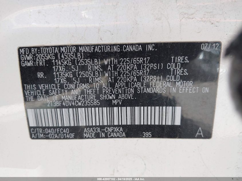 2012 Toyota Rav4 VIN: 2T3BF4DV4CW235585 Lot: 42007182