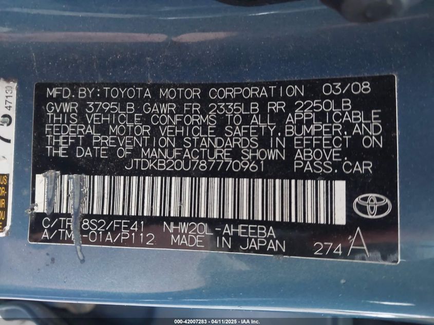 2008 Toyota Prius VIN: JTDKB20U787770961 Lot: 42007283