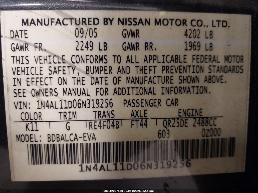 2006 NISS ALTIMA S AUTOMATIC VIN: 1N4AL11D06N319256