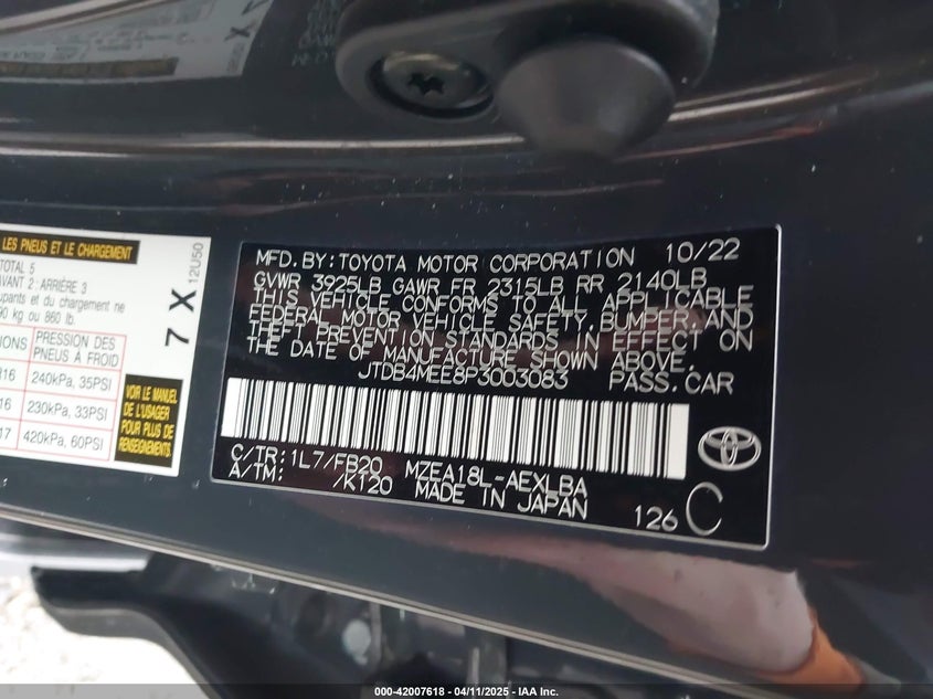 2023 TOYOTA COROLLA VIN: JTDB4MEE8P3003083
