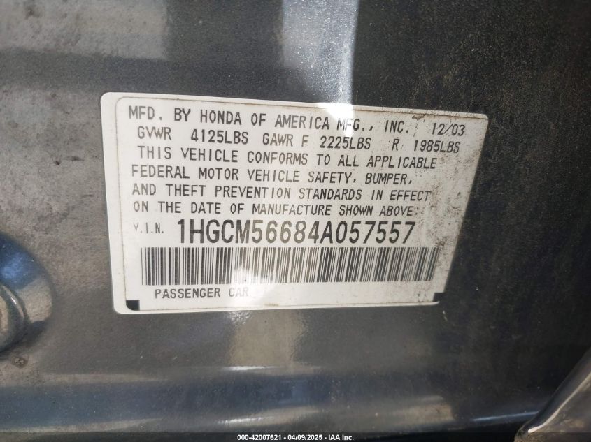 2004 Honda Accord 2.4 Ex VIN: 1HGCM56684A057557 Lot: 42007621