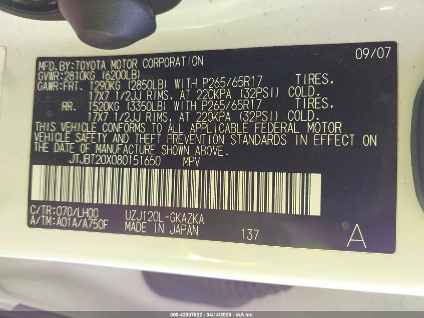 2008 Lexus Gx 470 VIN: JTJBT20X080151650 Lot: 42007622