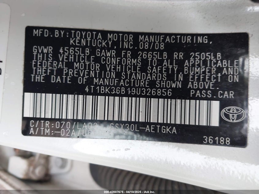 2009 TOYOTA AVALON VIN: 4T1BK36B19U326856