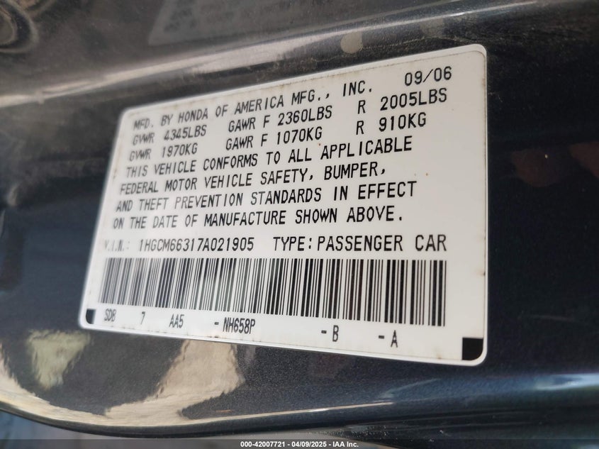 2007 HONDA ACCORD VIN: 1HGCM66317A021905