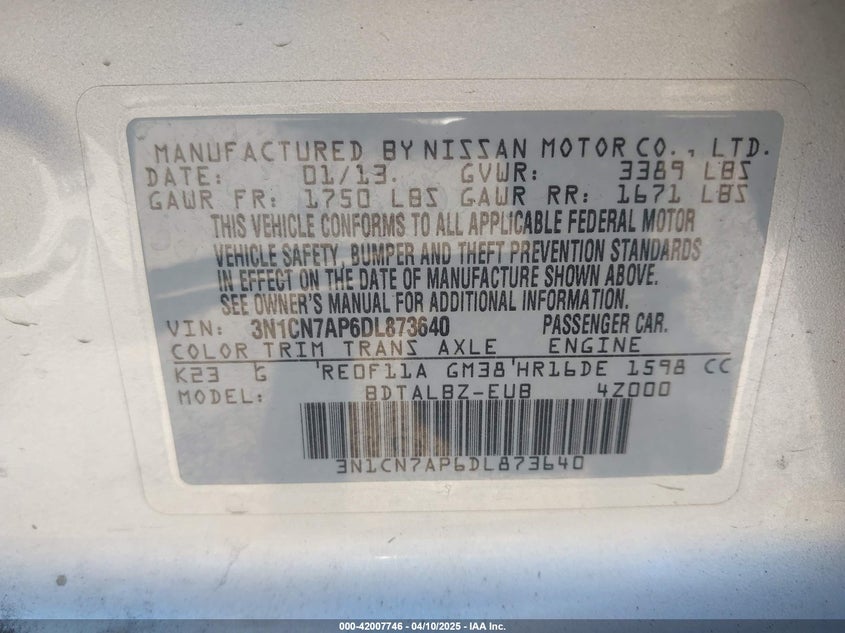 2013 NISSAN VERSA VIN: 3N1CN7AP6DL873640