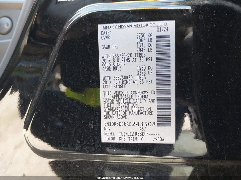 2024 NISSAN PATHFINDER PLATINUM 4WD - 5N1DR3DJ6RC243508