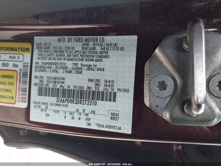 2013 FORD FUSION VIN: 3FA6P0HR3DR272210