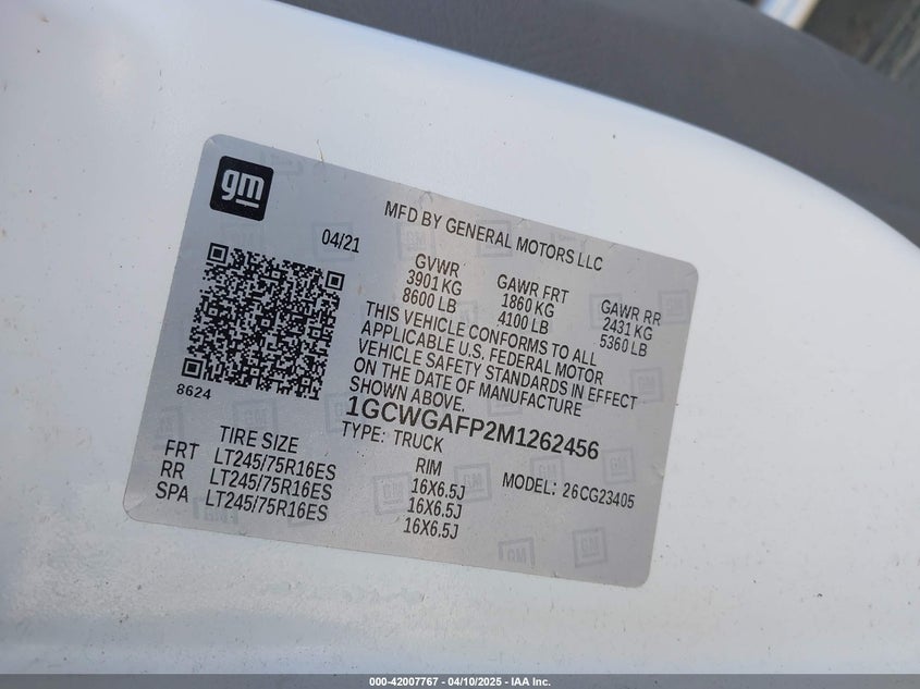 2021 CHEVROLET EXPRESS CARGO RWD 2500 REGULAR WHEELBASE WT - 1GCWGAFP2M1262456