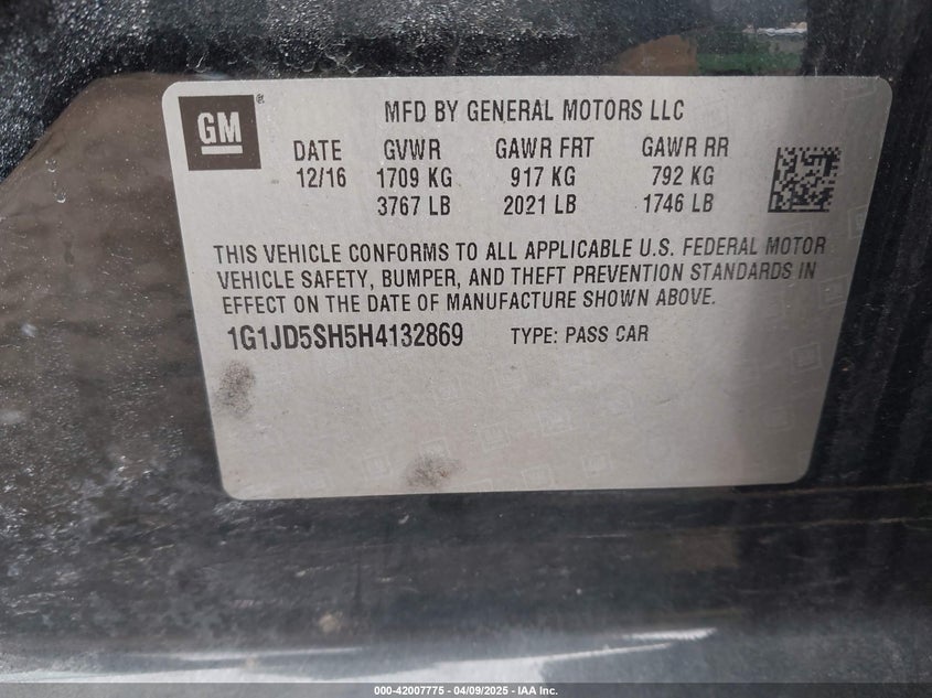 2017 CHEVROLET SONIC LT AUTO - 1G1JD5SH5H4132869