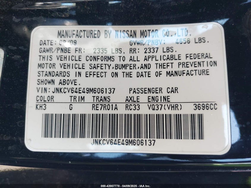 2009 INFINITI G37 VIN: JNKCV64E49M606137