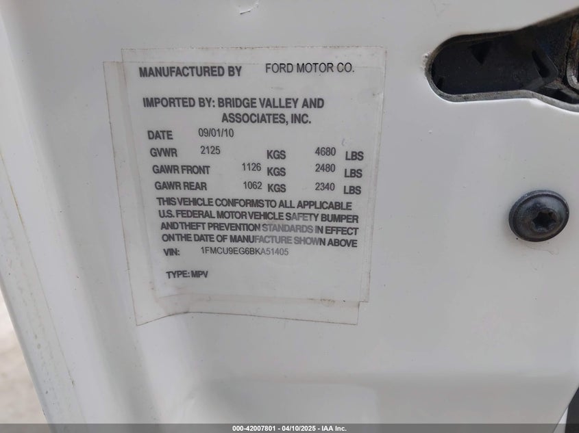 2011 FORD ESCAPE VIN: 1FMCU9EG6BKA51405