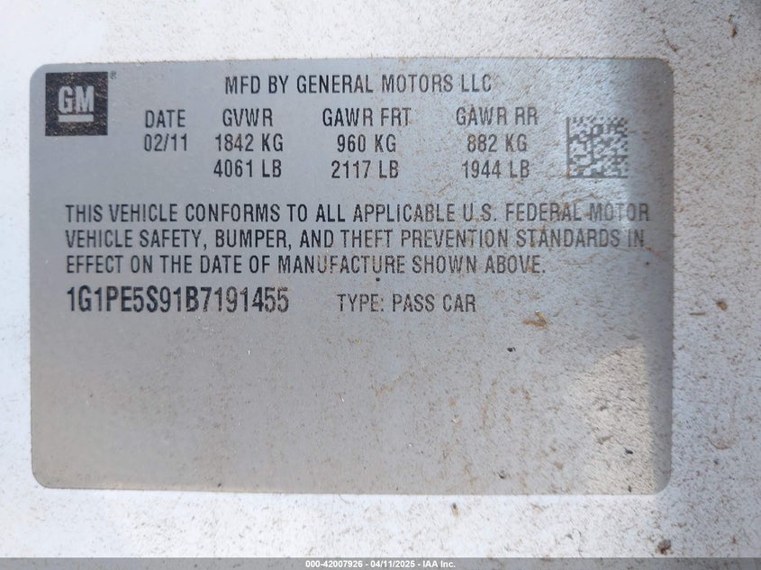 2011 CHEVROLET CRUZE VIN: 1G1PE5S91B7191455