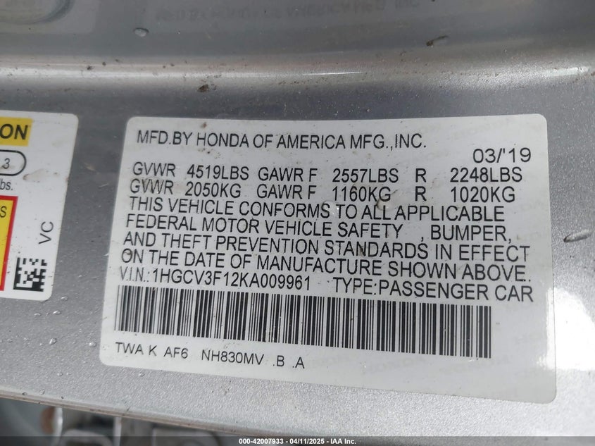 2019 HONDA ACCORD HYBRID VIN: 1HGCV3F12KA009961