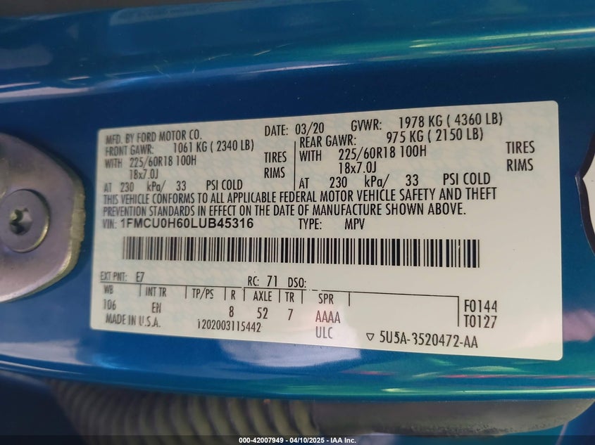 2020 FORD ESCAPE VIN: 1FMCU0H60LUB45316