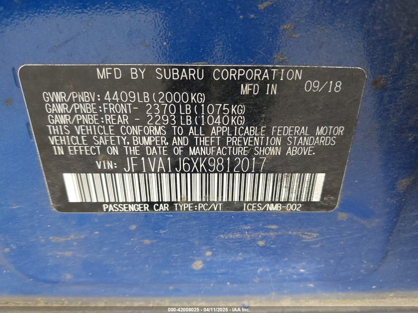 2019 SUBARU WRX VIN: JF1VA1J6XK9812017