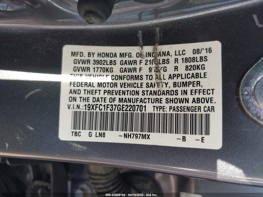 2016 HONDA CIVIC VIN: 19XFC1F37GE220701