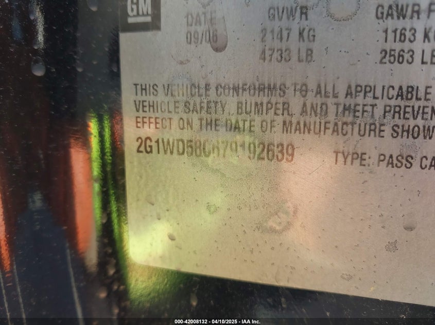 2007 CHEVROLET IMPALA VIN: 2G1WD58C679192639