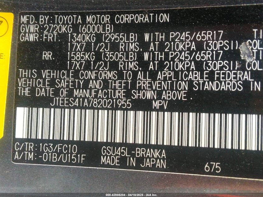 2008 TOYOTA HIGHLANDER VIN: JTEES41A782021955