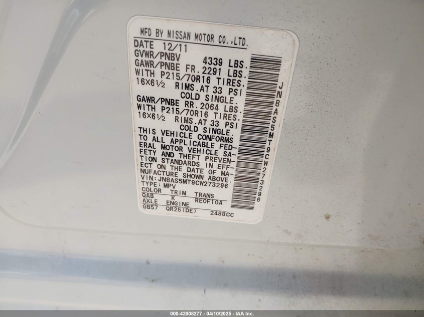 2012 NISSAN ROGUE VIN: JN8AS5MT9CW273296