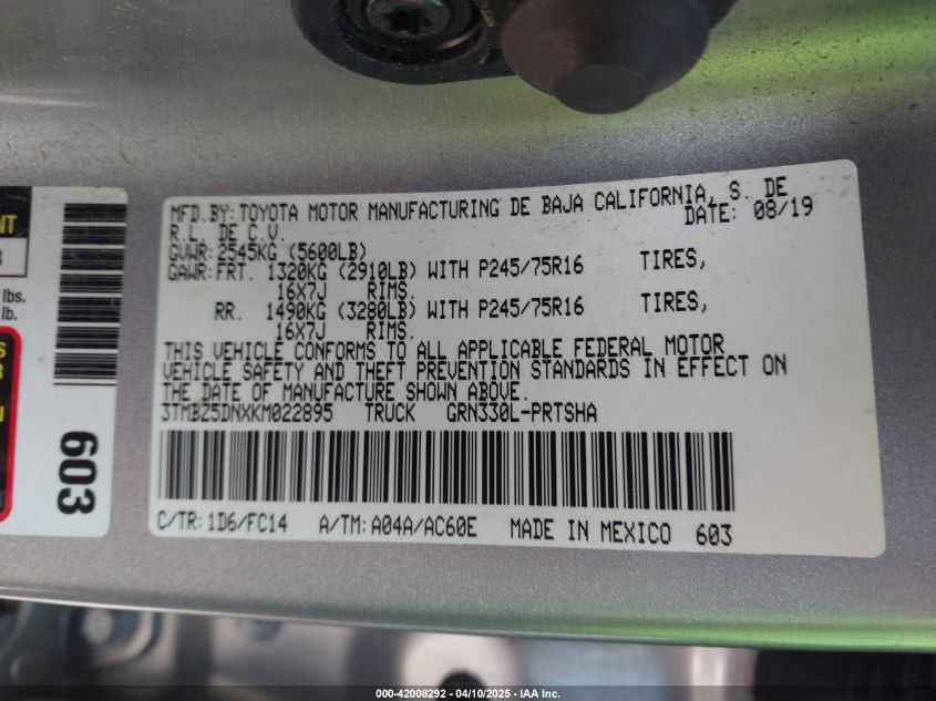 2019 Toyota Tacoma Sr5 VIN: 3TMBZ5DNXKM022895 Lot: 42008292