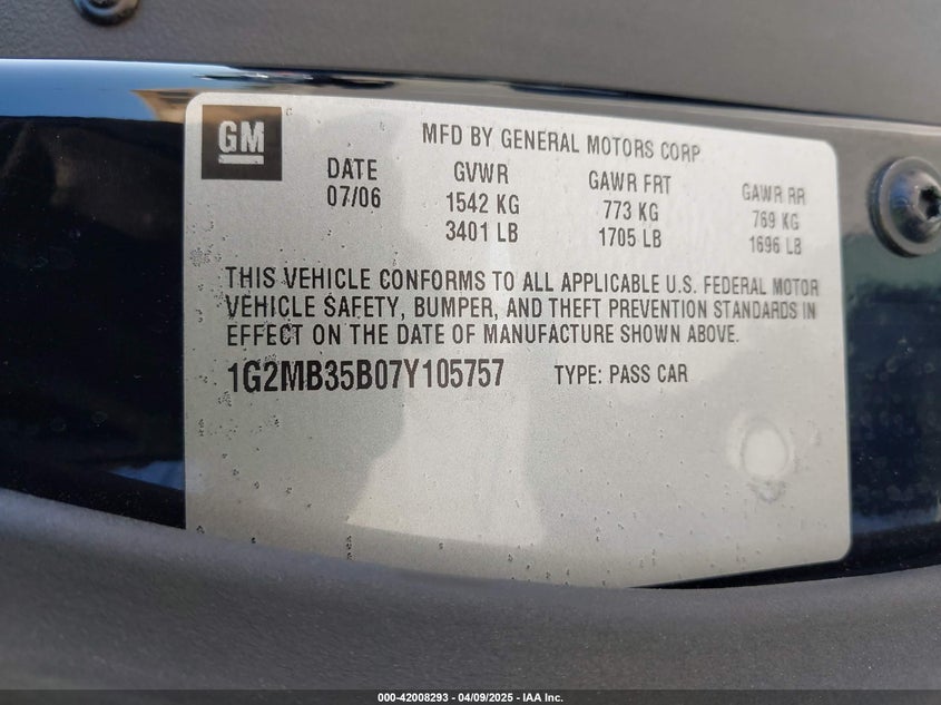 2007 PONTIAC SOLSTICE VIN: 1G2MB35B07Y105757