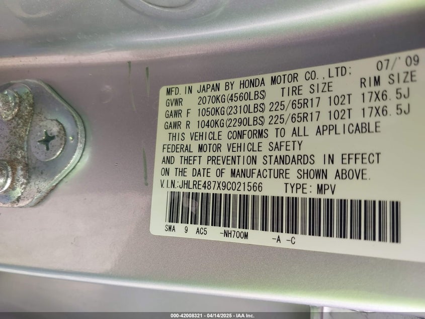 2009 HONDA CR-V VIN: JHLRE487X9C021566