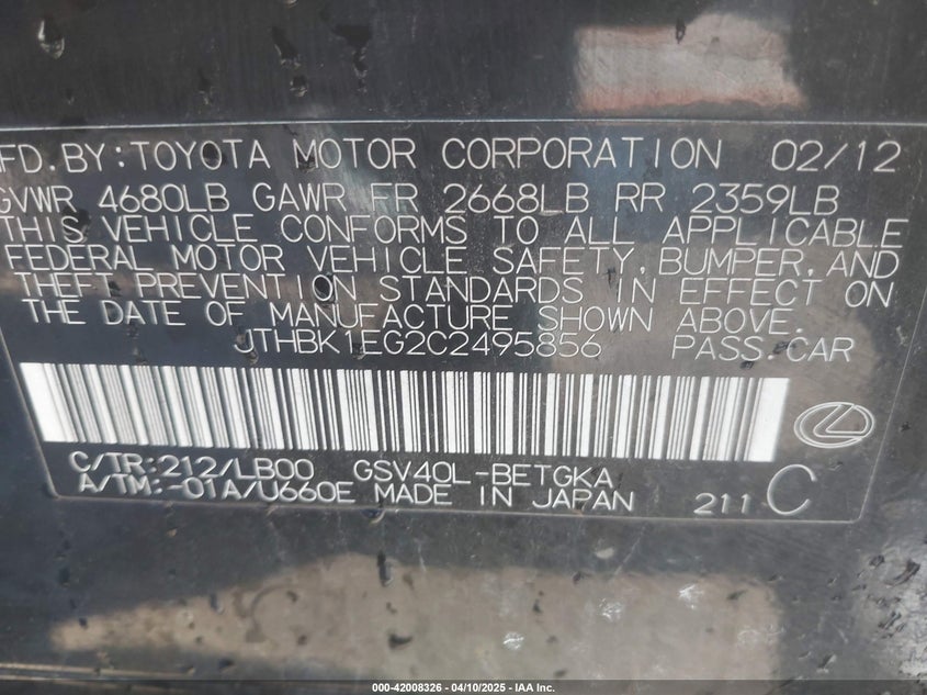 2012 LEXUS ES 350 VIN: JTHBK1EG2C2495856
