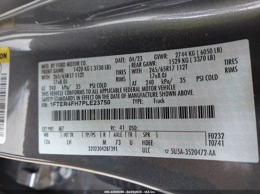VIN 1FTER4FH7PLE23750 2023 FORD RANGER XL