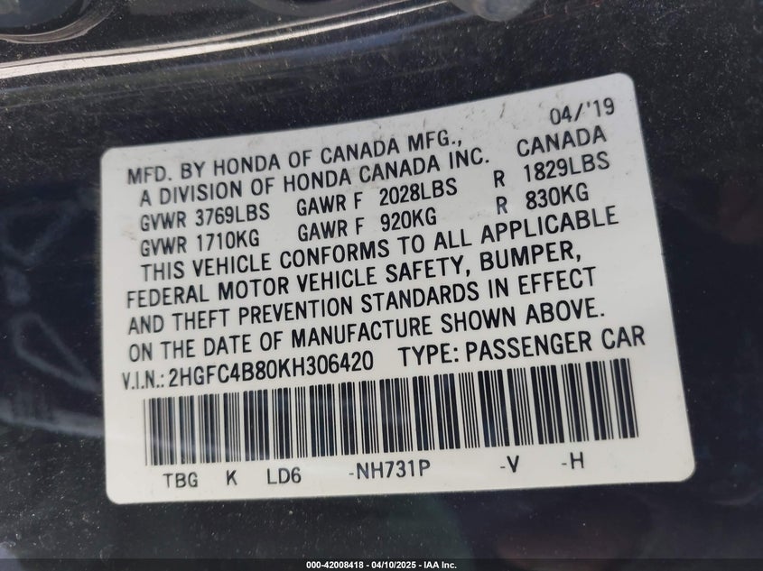 VIN 2HGFC4B80KH306420 2019 HONDA CIVIC SPORT