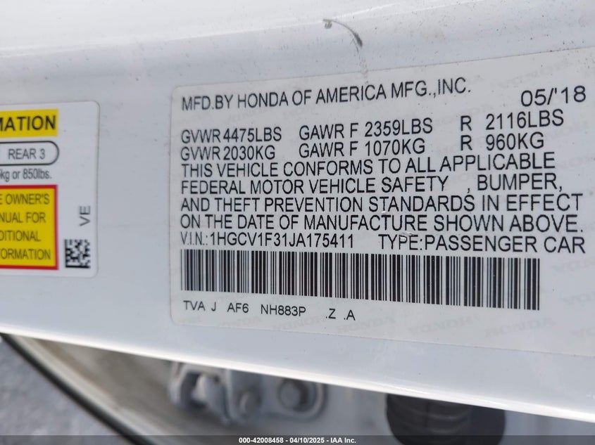 2018 HONDA ACCORD VIN: 1HGCV1F31JA175411